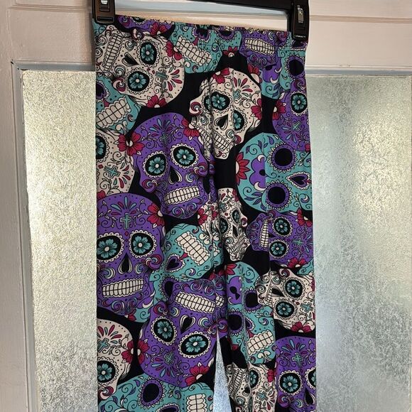 Women’s Colorful Multicolored Dio de Los Muertos Sugar Skull Leggings OS - Picture 2 of 6